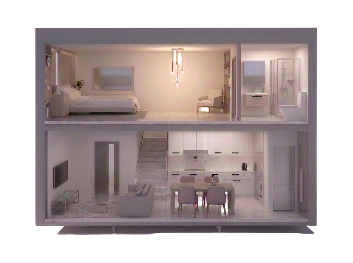 Cutaway view of a two-storey home with bedroom, bathroom, stairs, living room and kitchen